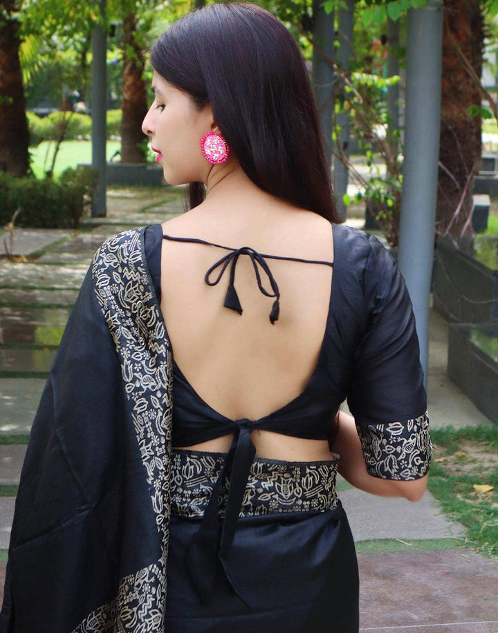 Onyx Black Handloom Raw Silk Saree | Stitched Blouse - qivii