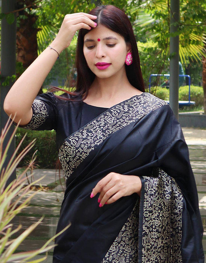 Onyx Black Handloom Raw Silk Saree | Stitched Blouse - qivii