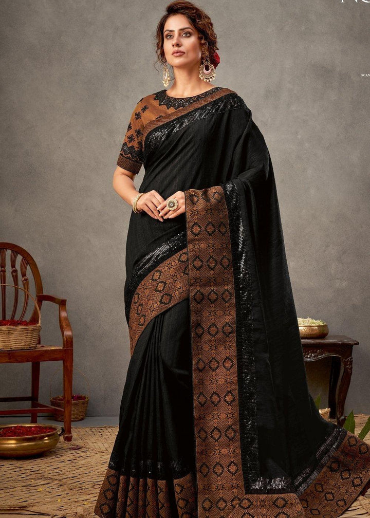 Onyx Black Tussar Silk Saree with Thread & Sequins Embroidery | Stitched Blouse - qivii