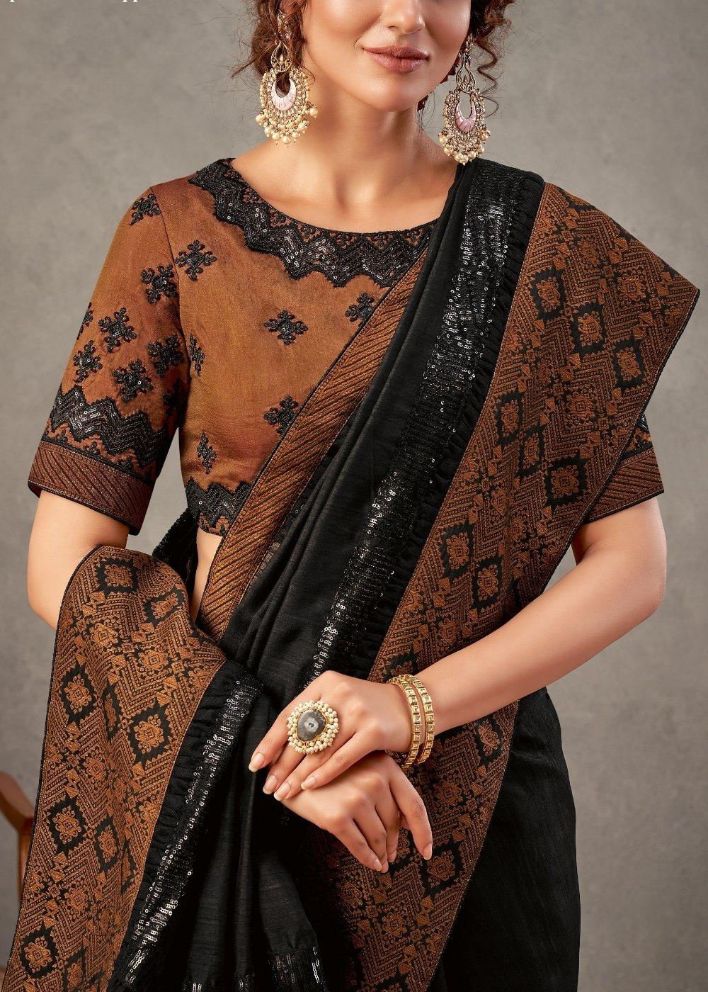 Onyx Black Tussar Silk Saree with Thread & Sequins Embroidery | Stitched Blouse - qivii