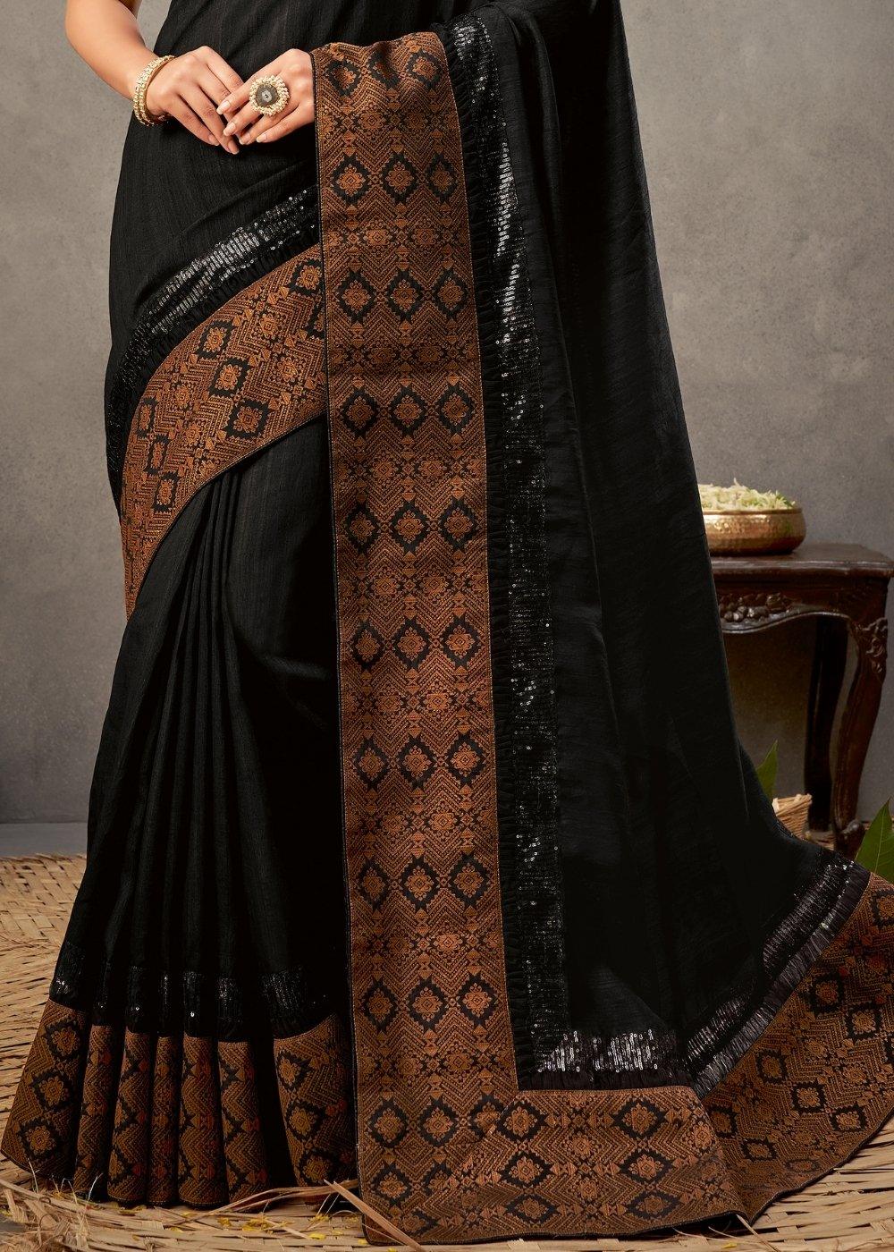 Onyx Black Tussar Silk Saree with Thread & Sequins Embroidery | Stitched Blouse - qivii