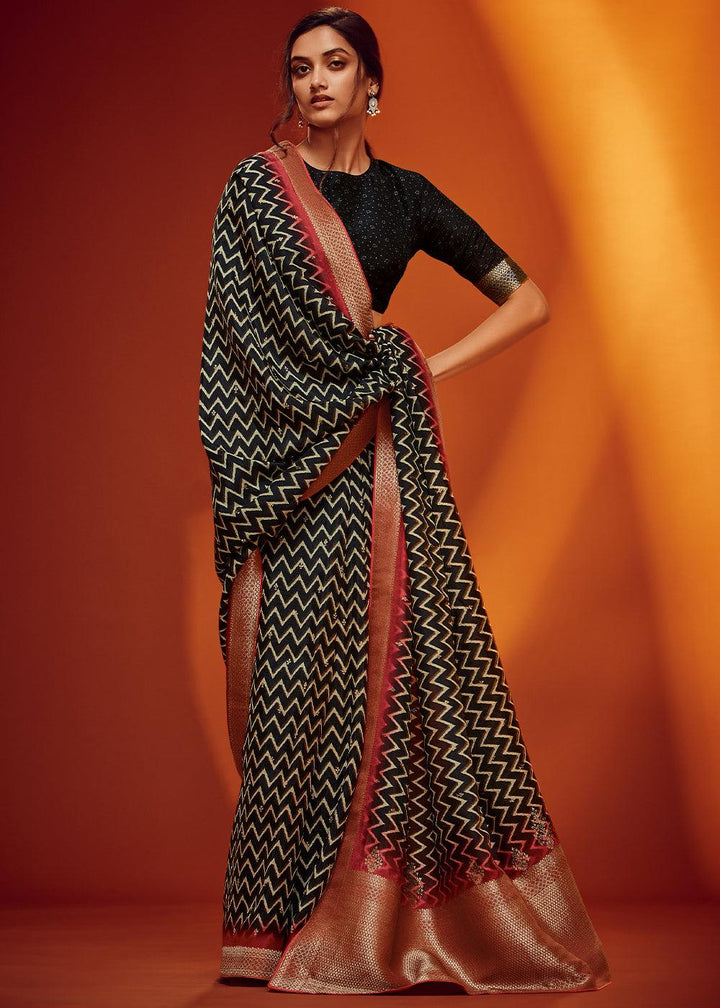 Onyx Black Woven Viscose Silk Saree - qivii