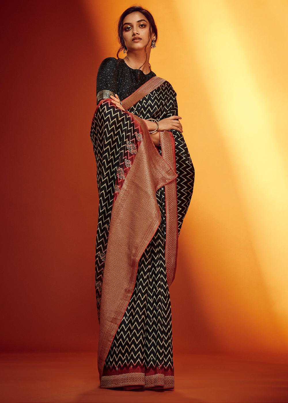 Onyx Black Woven Viscose Silk Saree - qivii