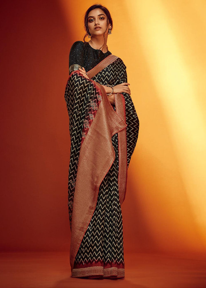 Onyx Black Woven Viscose Silk Saree - qivii