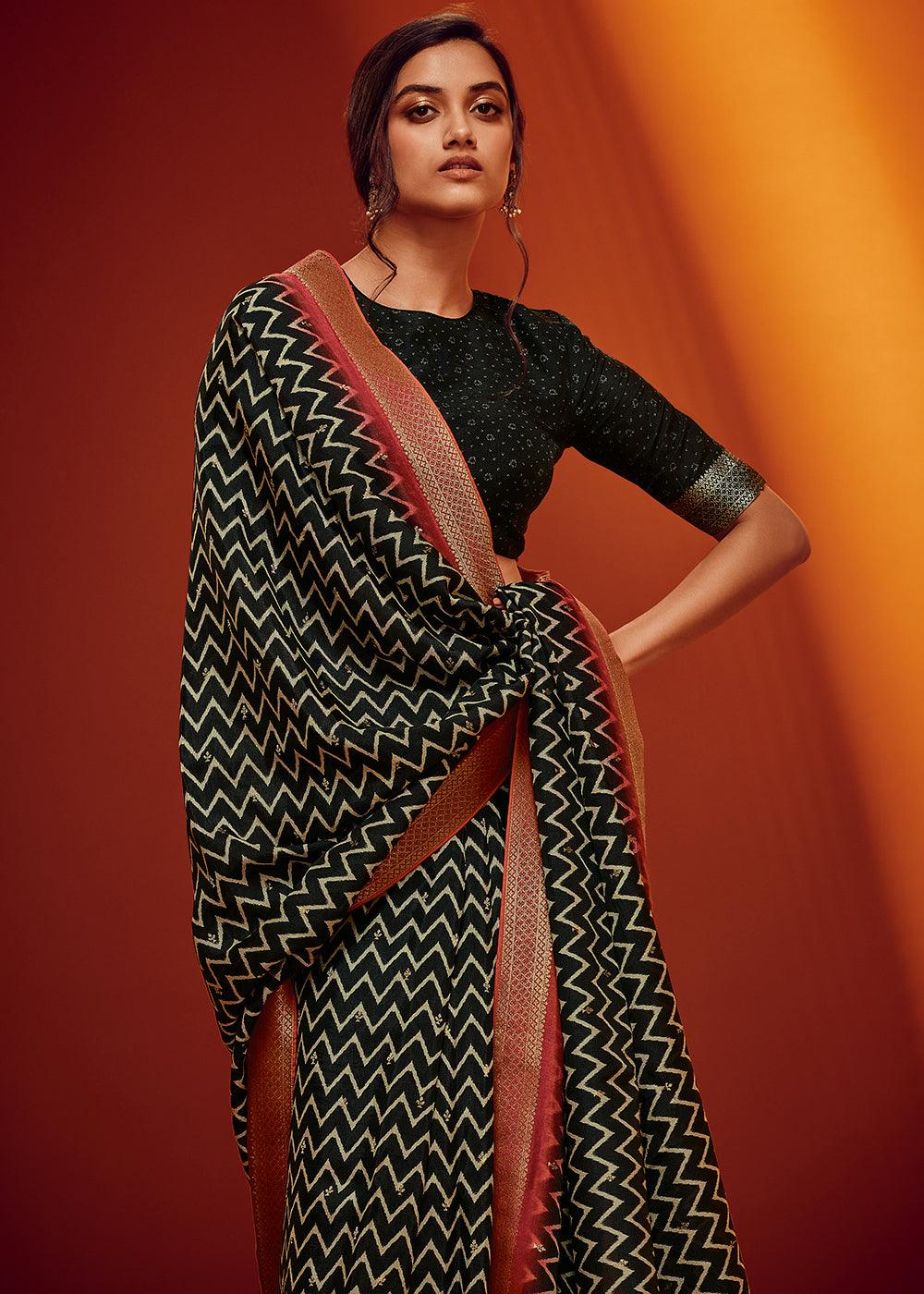 Onyx Black Woven Viscose Silk Saree - qivii