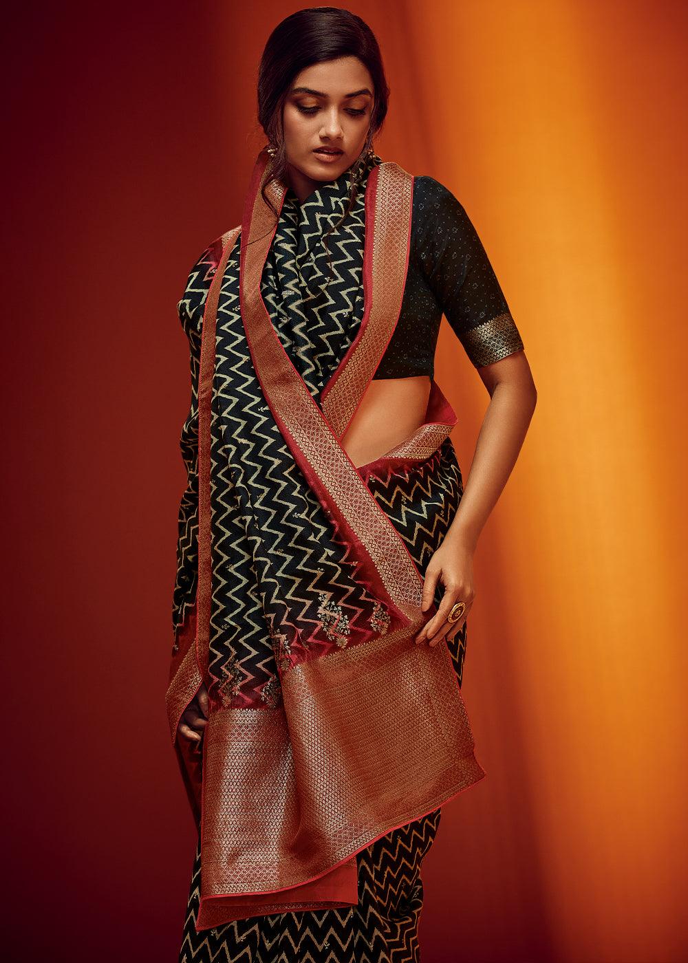 Onyx Black Woven Viscose Silk Saree - qivii