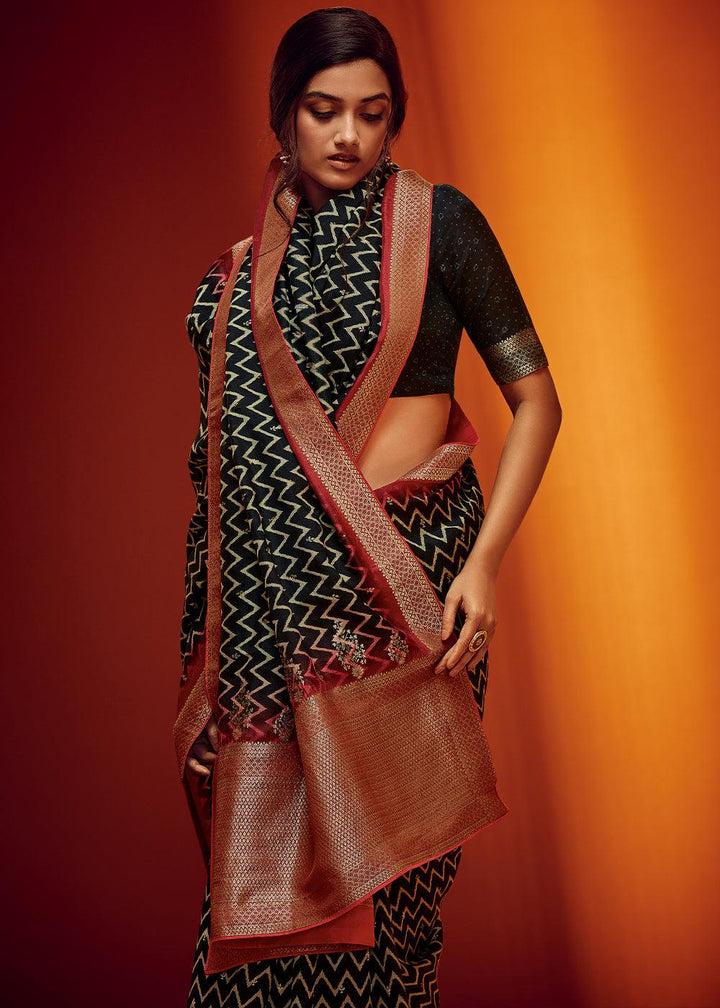 Onyx Black Woven Viscose Silk Saree - qivii