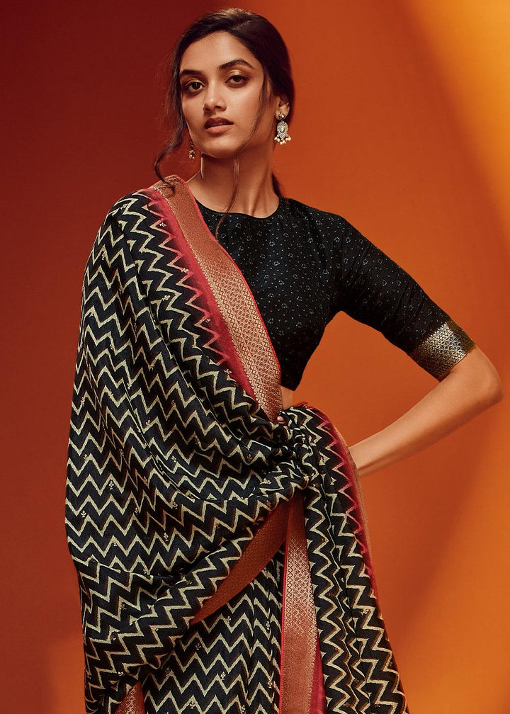 Onyx Black Woven Viscose Silk Saree - qivii