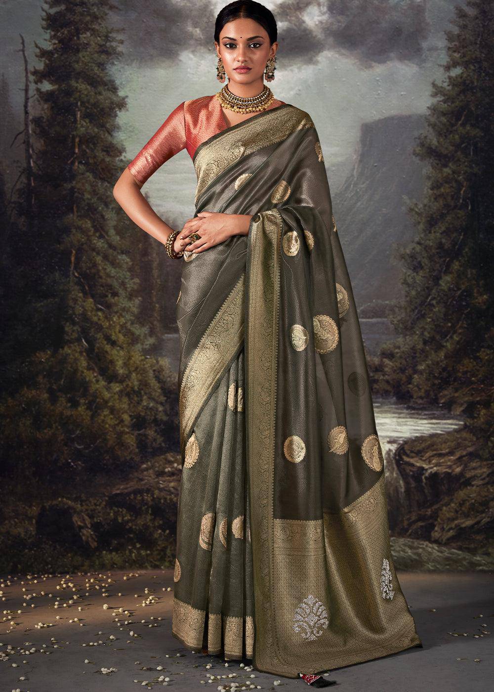 Onyx Grey Zari Woven Organza Silk Saree with Swarovski Work | Stitched Blouse - qivii