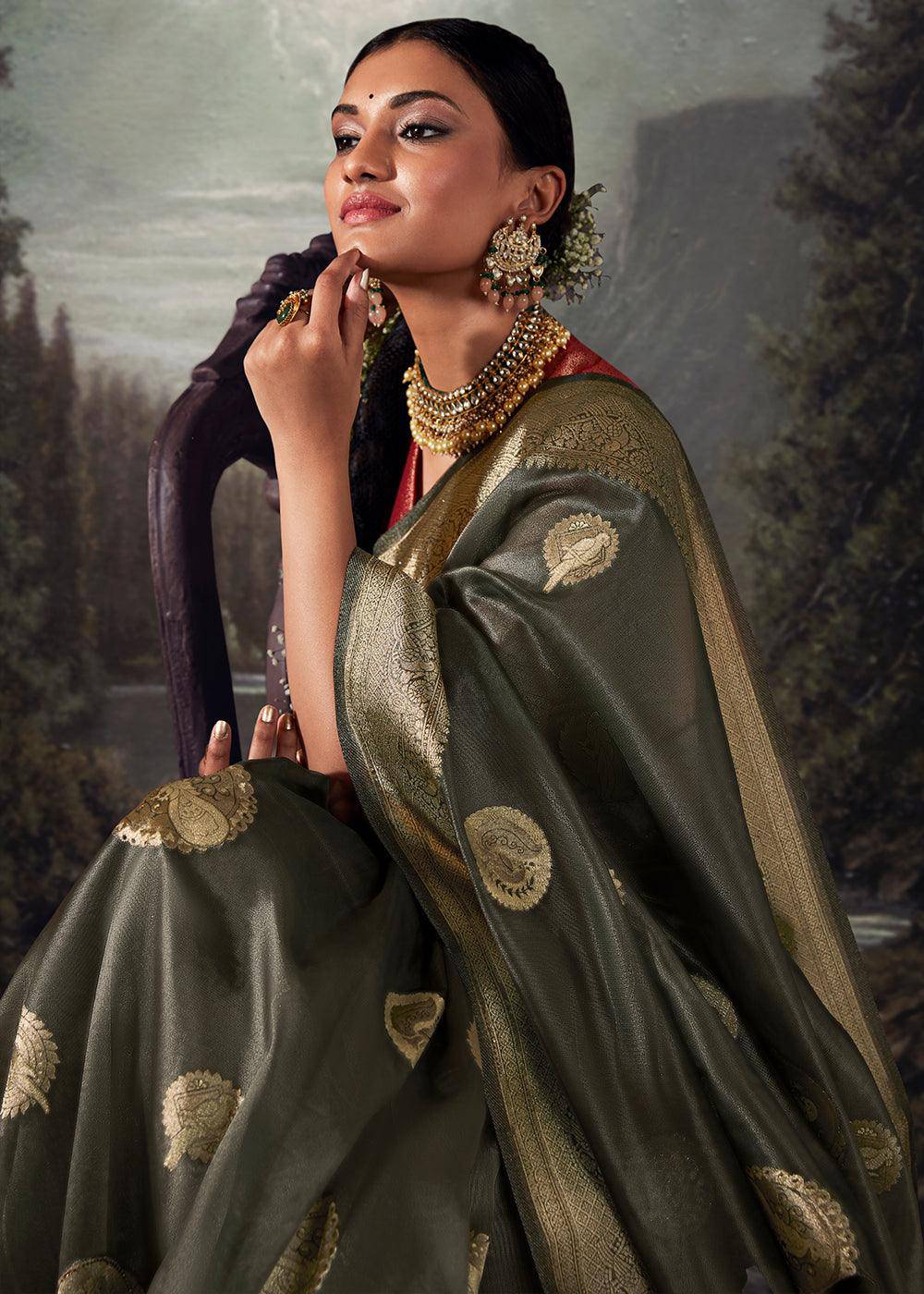 Onyx Grey Zari Woven Organza Silk Saree with Swarovski Work | Stitched Blouse - qivii