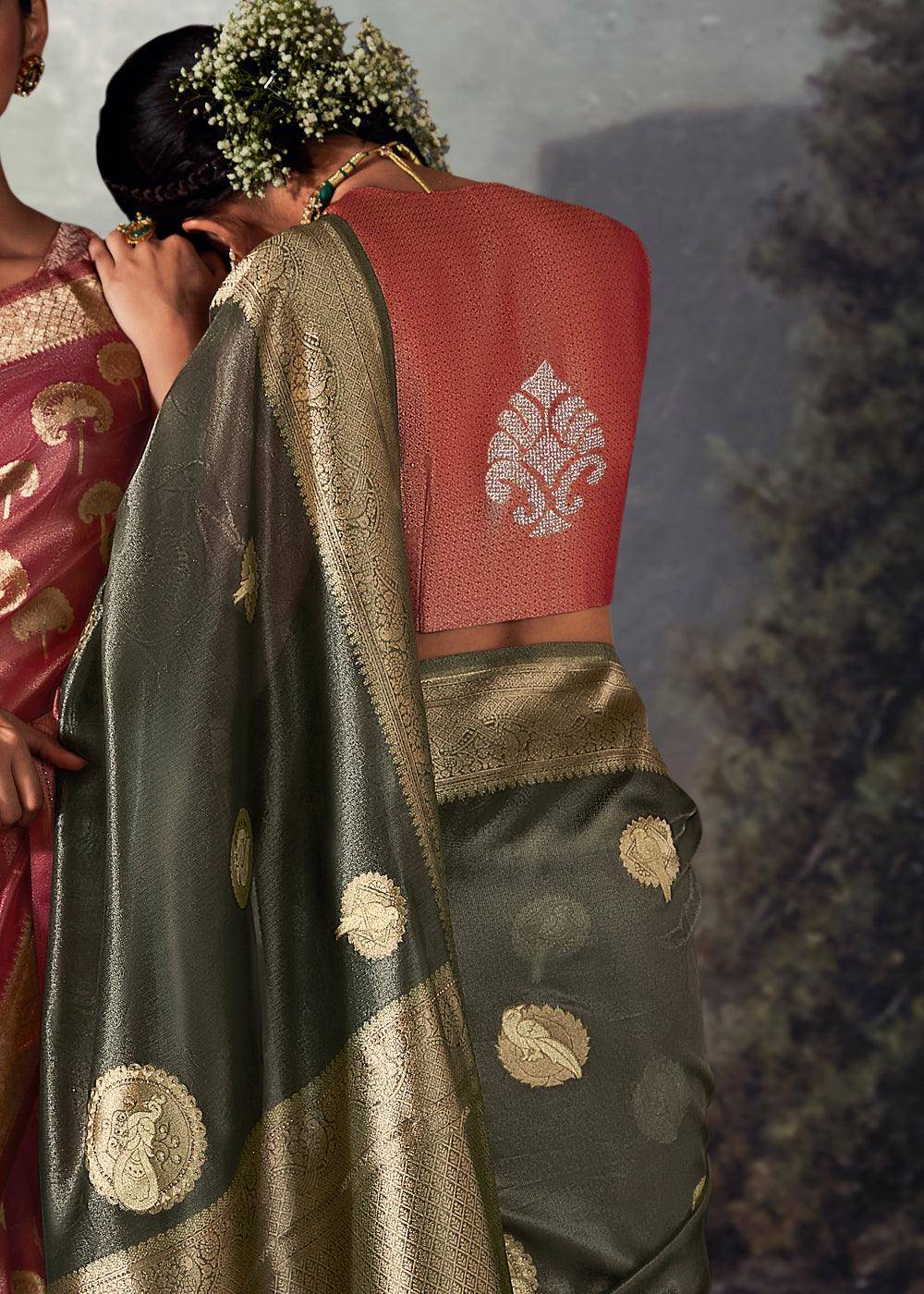 Onyx Grey Zari Woven Organza Silk Saree with Swarovski Work | Stitched Blouse - qivii