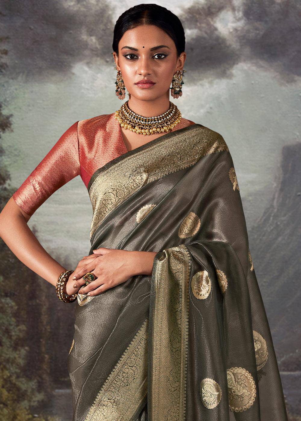 Onyx Grey Zari Woven Organza Silk Saree with Swarovski Work | Stitched Blouse - qivii