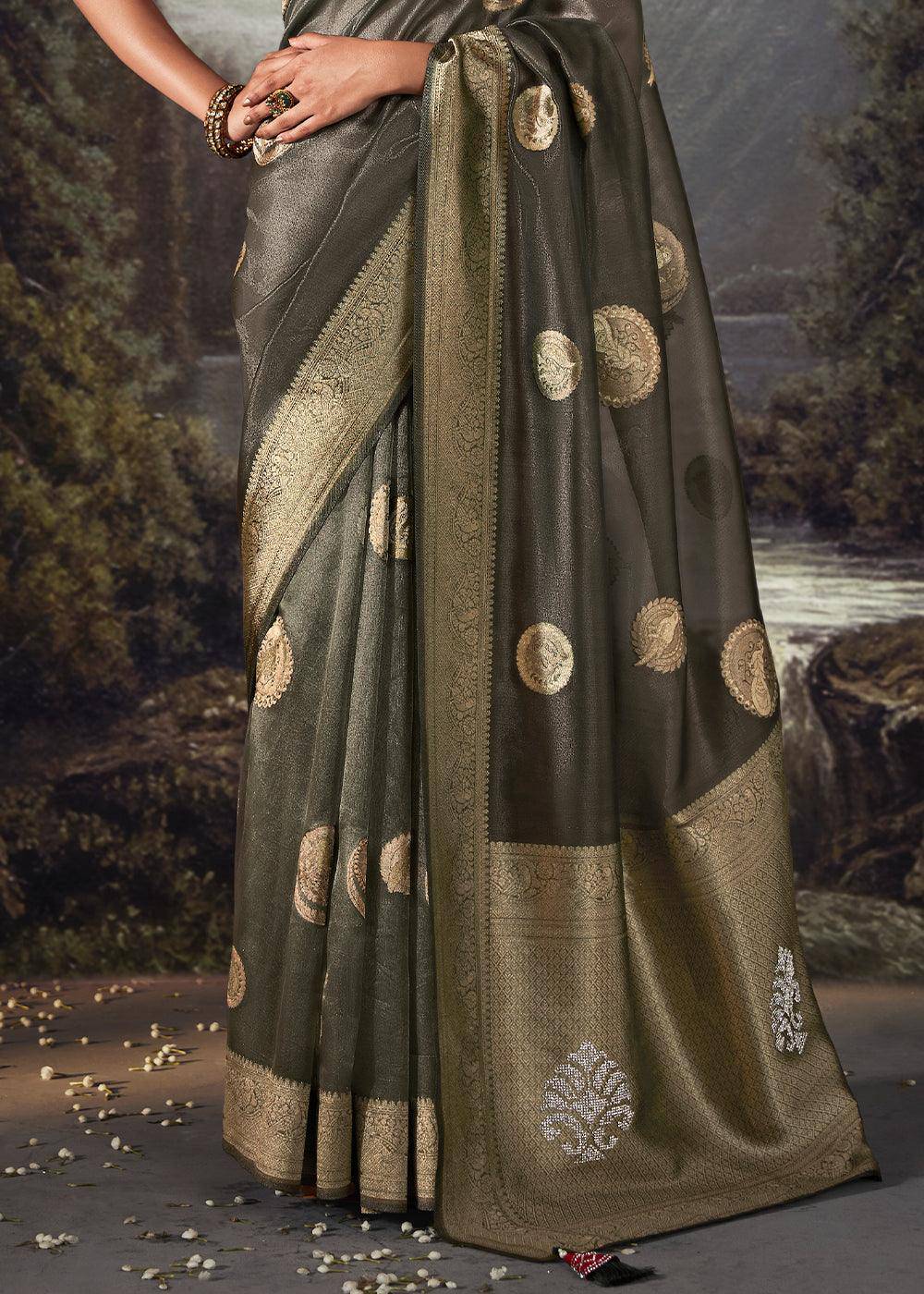 Onyx Grey Zari Woven Organza Silk Saree with Swarovski Work | Stitched Blouse - qivii