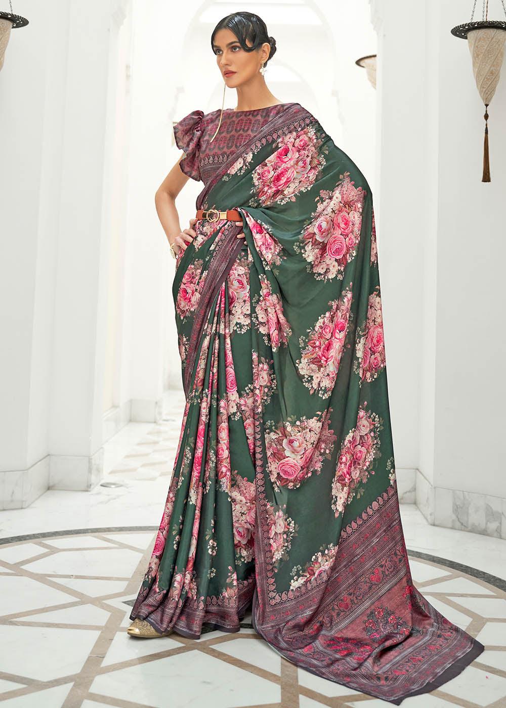 Opal Green Digital Printed Crepe Silk Saree | Stitched Blouse - qivii