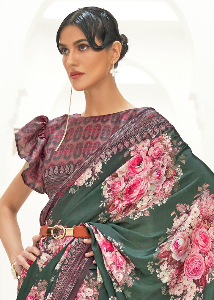 Opal Green Digital Printed Crepe Silk Saree | Stitched Blouse - qivii