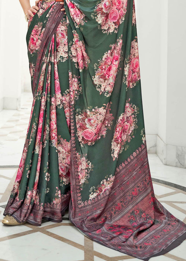 Opal Green Digital Printed Crepe Silk Saree | Stitched Blouse - qivii