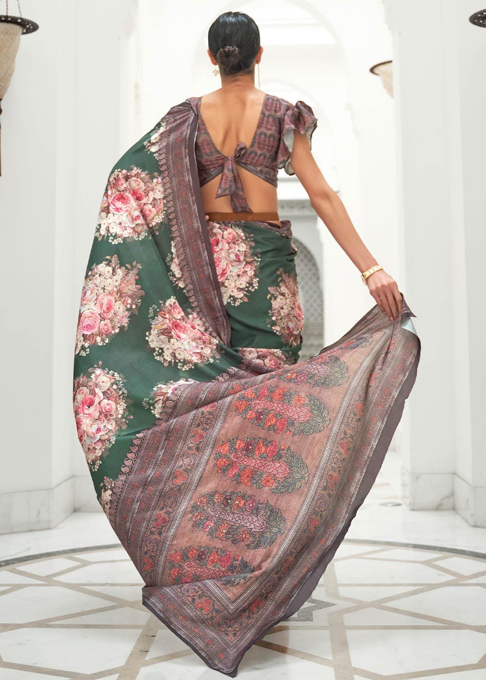 Opal Green Digital Printed Crepe Silk Saree | Stitched Blouse - qivii