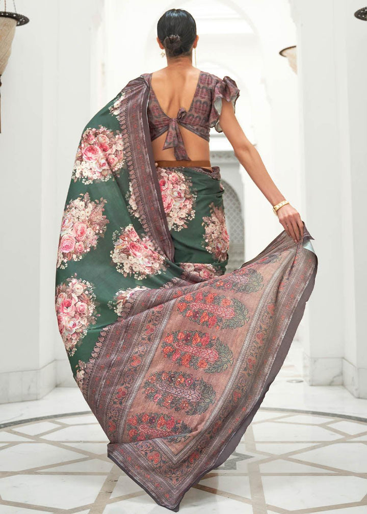 Opal Green Digital Printed Crepe Silk Saree | Stitched Blouse - qivii