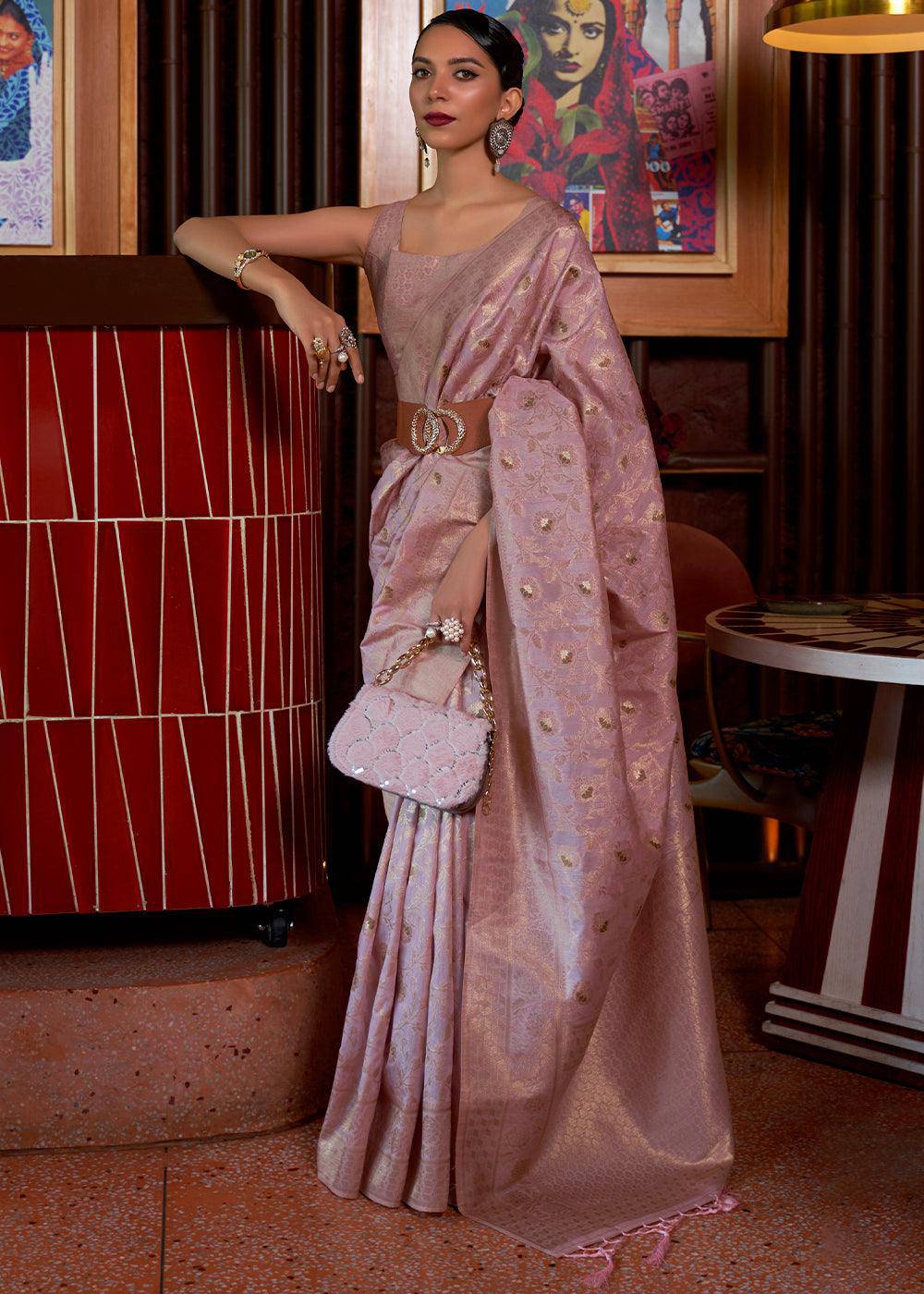 Opera Mauve Purple Woven Tussar Silk Saree | Stitched Blouse - qivii