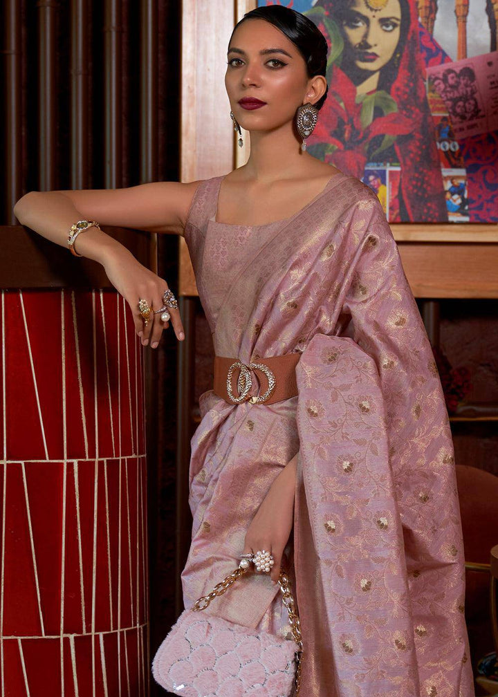 Opera Mauve Purple Woven Tussar Silk Saree | Stitched Blouse - qivii