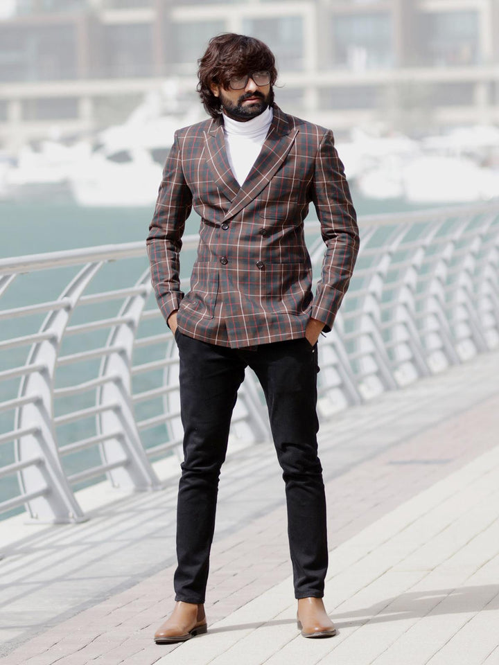 Opulent Brown Color Men's Double Breasted Checks Blazer