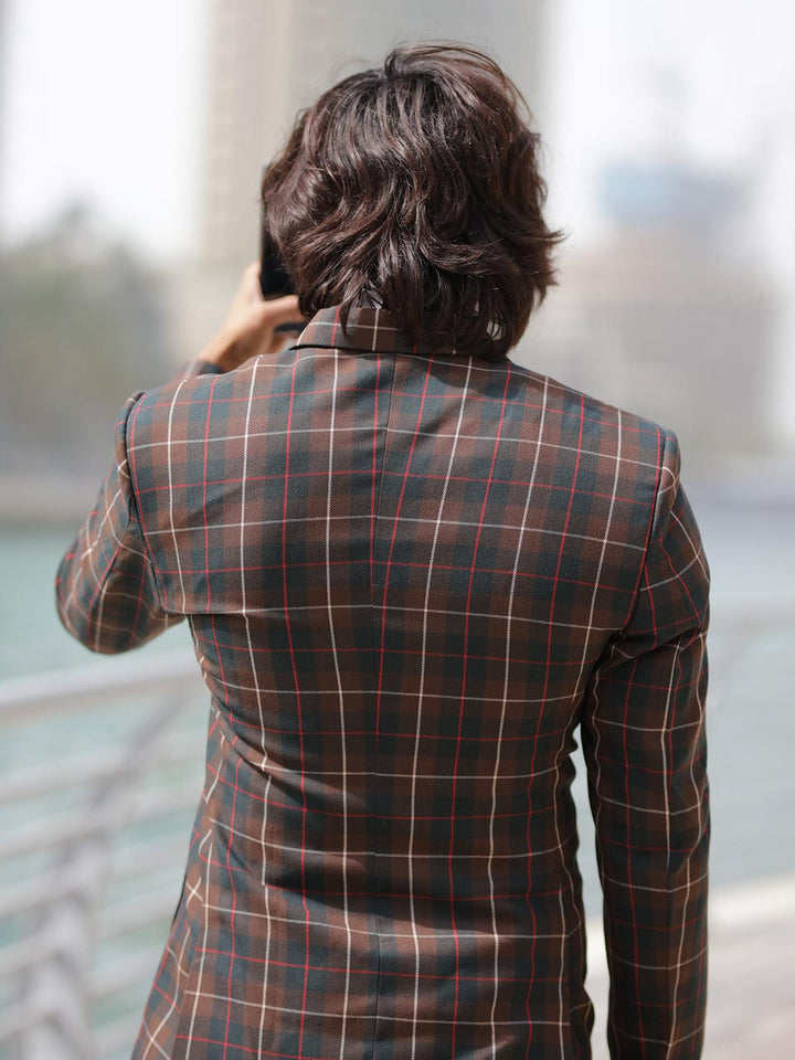 Opulent Brown Color Men's Double Breasted Checks Blazer