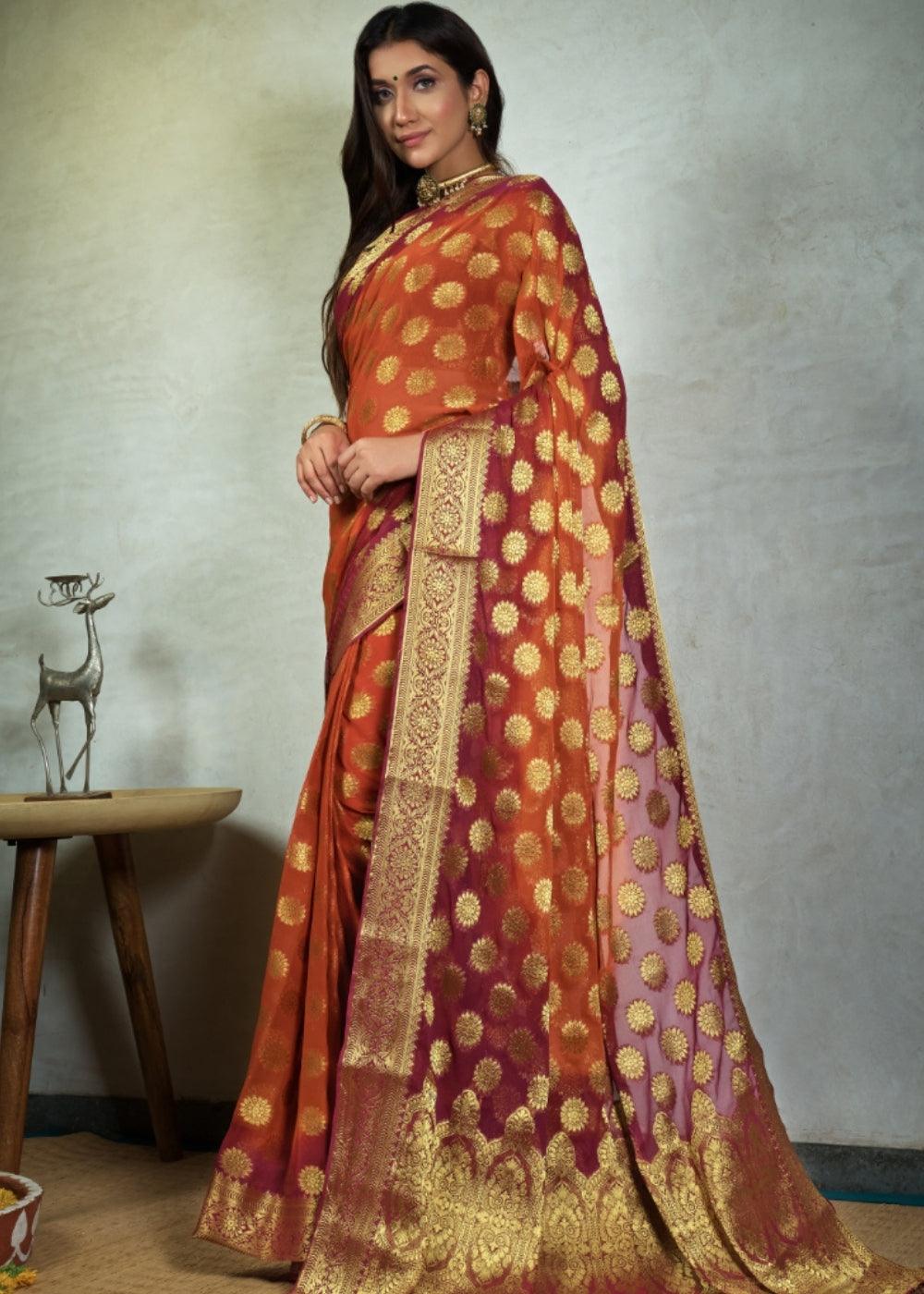 Orange & Brown Zari Woven Chiffon Silk Saree | Stitched Blouse - qivii