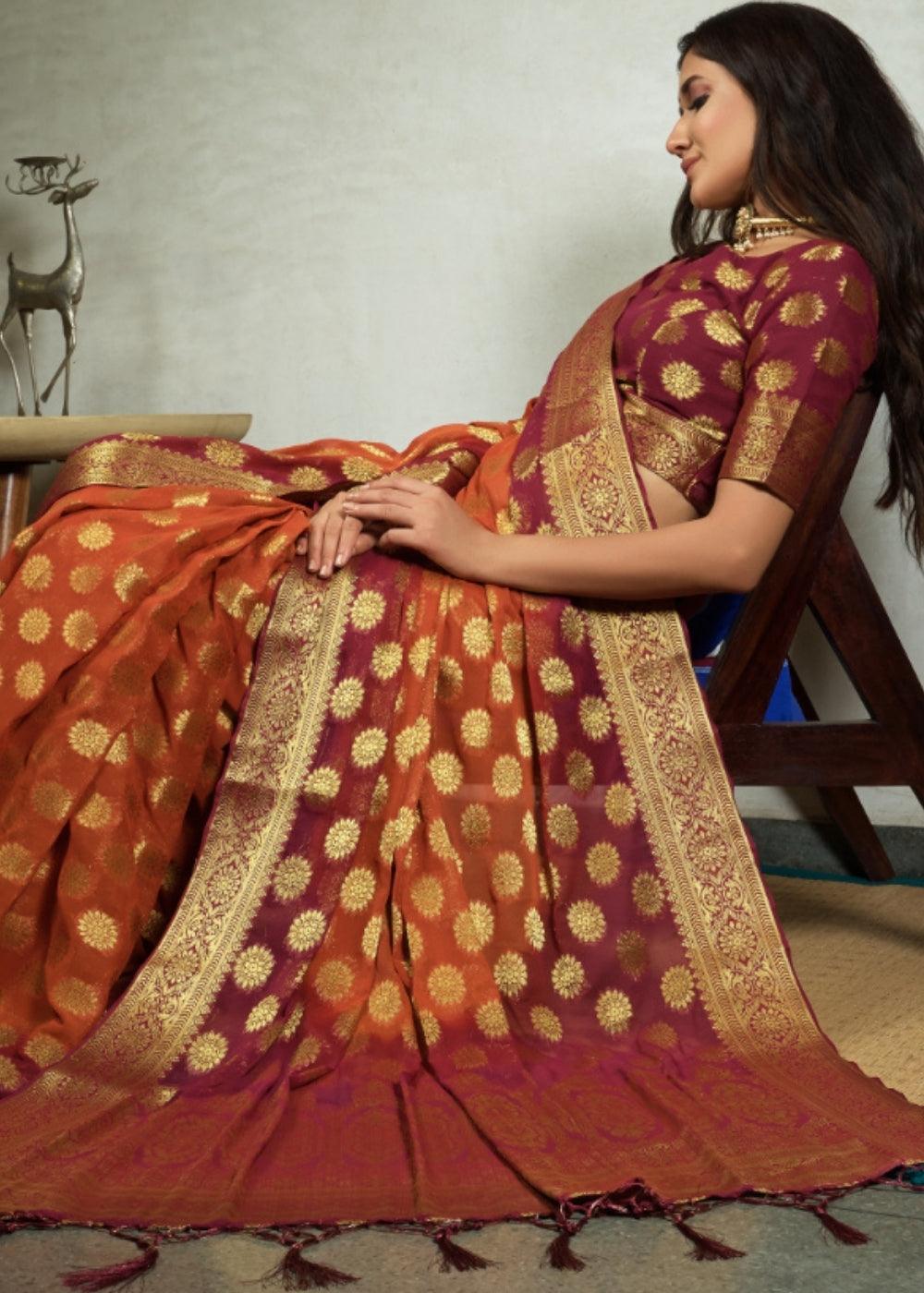 Orange & Brown Zari Woven Chiffon Silk Saree | Stitched Blouse - qivii