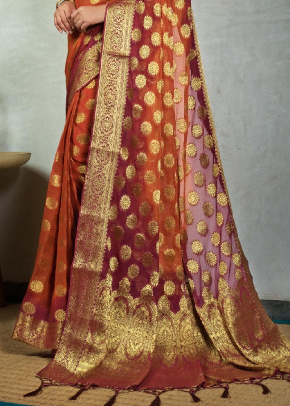 Orange & Brown Zari Woven Chiffon Silk Saree | Stitched Blouse - qivii