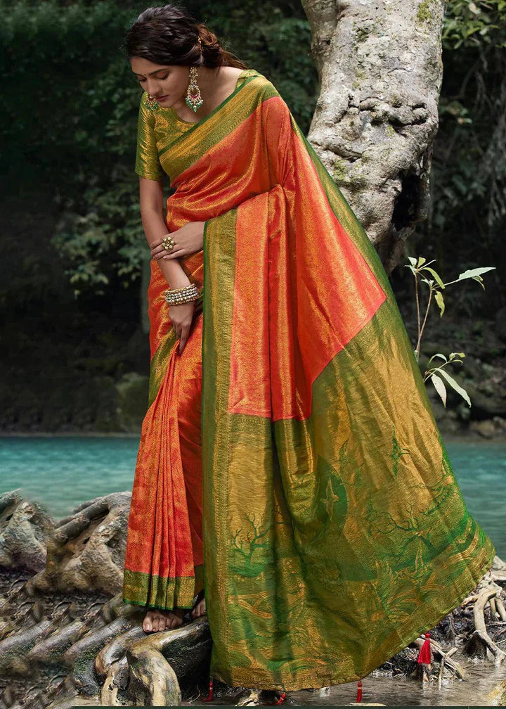 Orange & Green Zari Woven Kanjivaram Silk Saree | Stitched Blouse - qivii