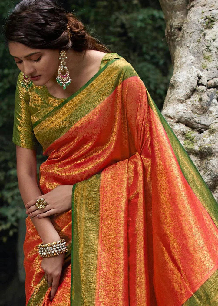 Orange & Green Zari Woven Kanjivaram Silk Saree | Stitched Blouse - qivii