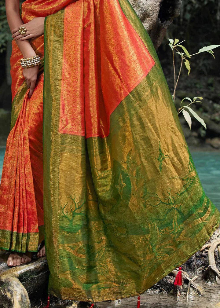 Orange & Green Zari Woven Kanjivaram Silk Saree | Stitched Blouse - qivii