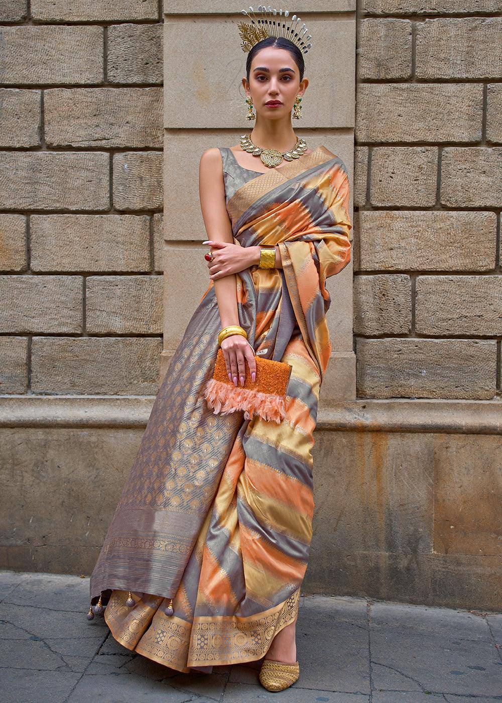 Orange & Grey Viscose Silk Saree with Aqua Finish work | Stitched Blouse - qivii