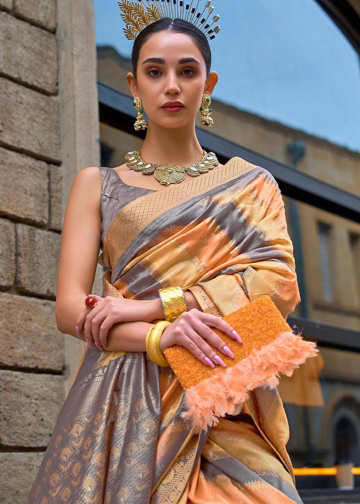 Orange & Grey Viscose Silk Saree with Aqua Finish work | Stitched Blouse - qivii