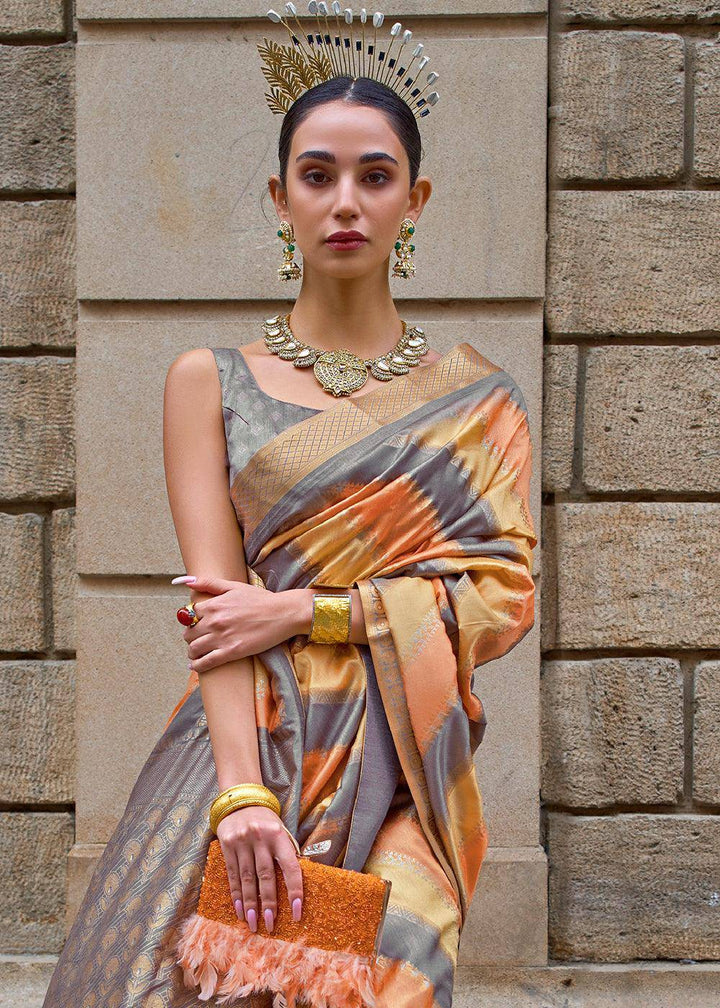 Orange & Grey Viscose Silk Saree with Aqua Finish work | Stitched Blouse - qivii