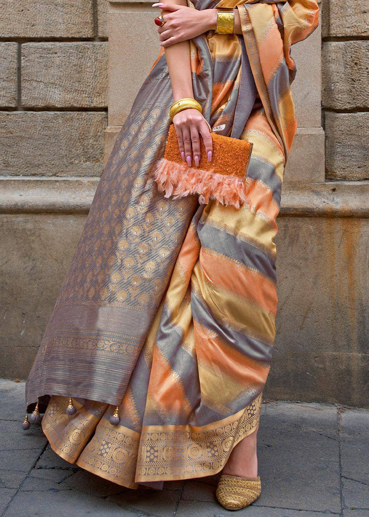 Orange & Grey Viscose Silk Saree with Aqua Finish work | Stitched Blouse - qivii