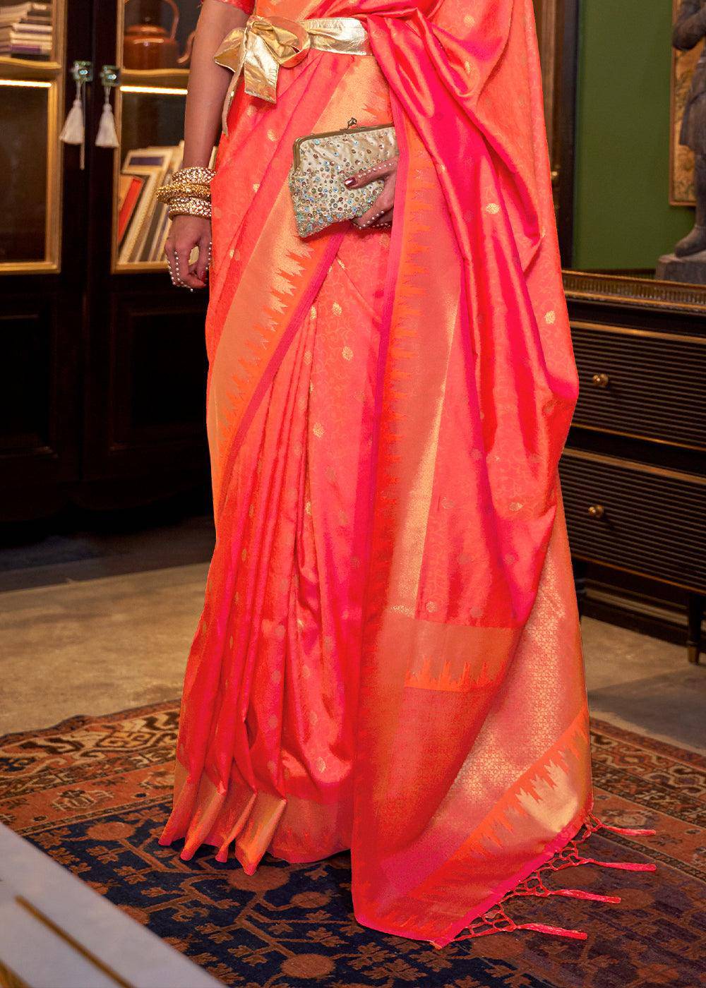 Orange & Pink Handloom Woven Banarasi Silk Saree | Stitched Blouse - qivii