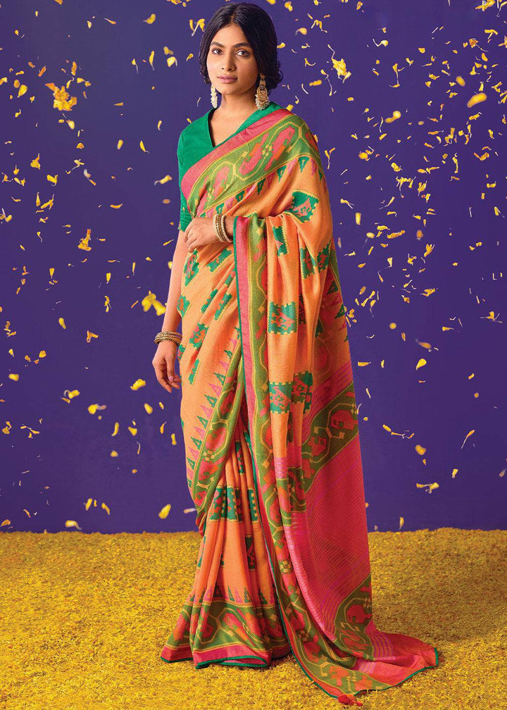 Orange & Pink Printed Paithani Silk Saree with Embroidered Blouse | Stitched Blouse - qivii