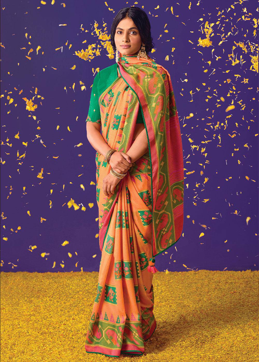 Orange & Pink Printed Paithani Silk Saree with Embroidered Blouse | Stitched Blouse - qivii