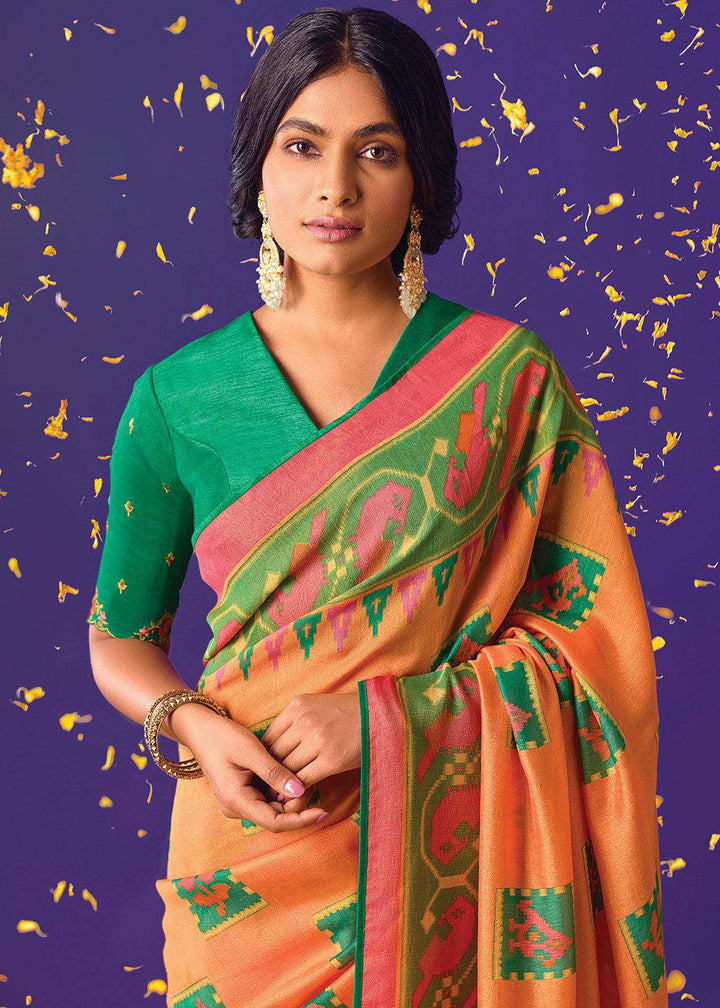 Orange & Pink Printed Paithani Silk Saree with Embroidered Blouse | Stitched Blouse - qivii