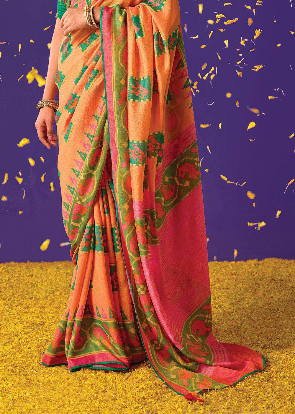 Orange & Pink Printed Paithani Silk Saree with Embroidered Blouse | Stitched Blouse - qivii