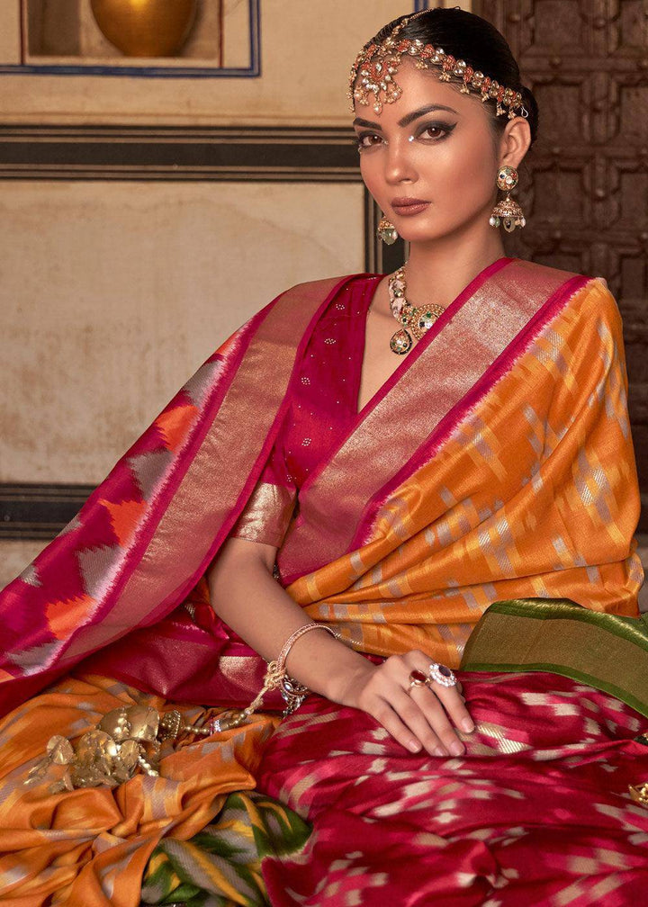 Orange & Pink Printed Patola Dola Silk Saree with Zari Border | Stitched Blouse - qivii