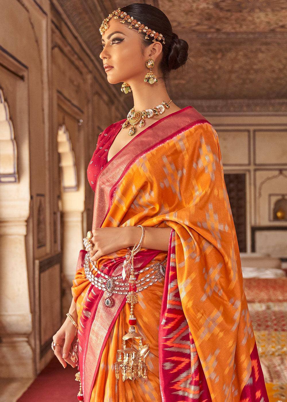 Orange & Pink Printed Patola Dola Silk Saree with Zari Border | Stitched Blouse - qivii