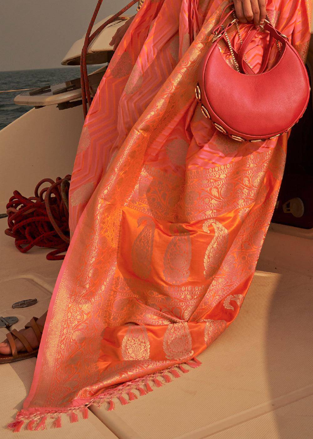 Orange & Pink Two Tone Designer Satin Silk Saree | Stitched Blouse - qivii