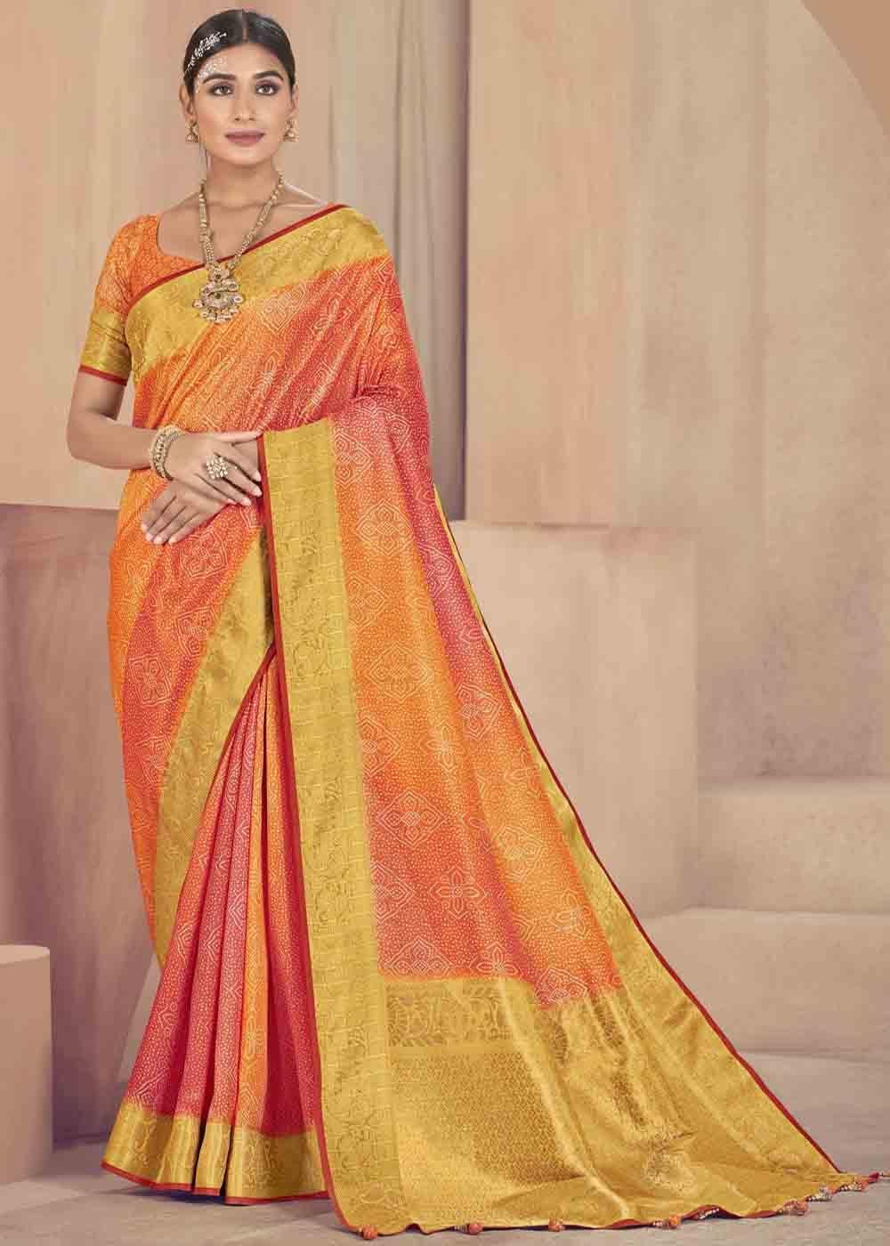 Orange & Pink Zari Woven Raw Silk Saree | Stitched Blouse - qivii