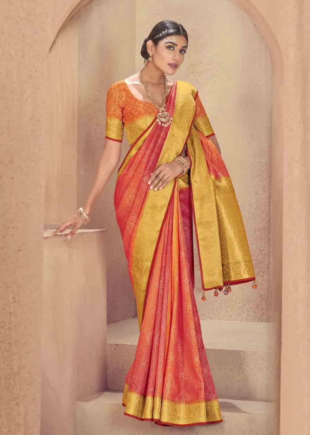 Orange & Pink Zari Woven Raw Silk Saree | Stitched Blouse - qivii