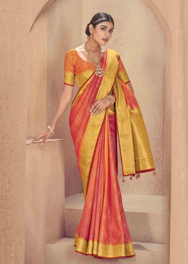 Orange & Pink Zari Woven Raw Silk Saree | Stitched Blouse - qivii