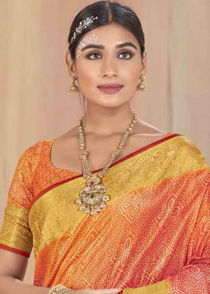 Orange & Pink Zari Woven Raw Silk Saree | Stitched Blouse - qivii