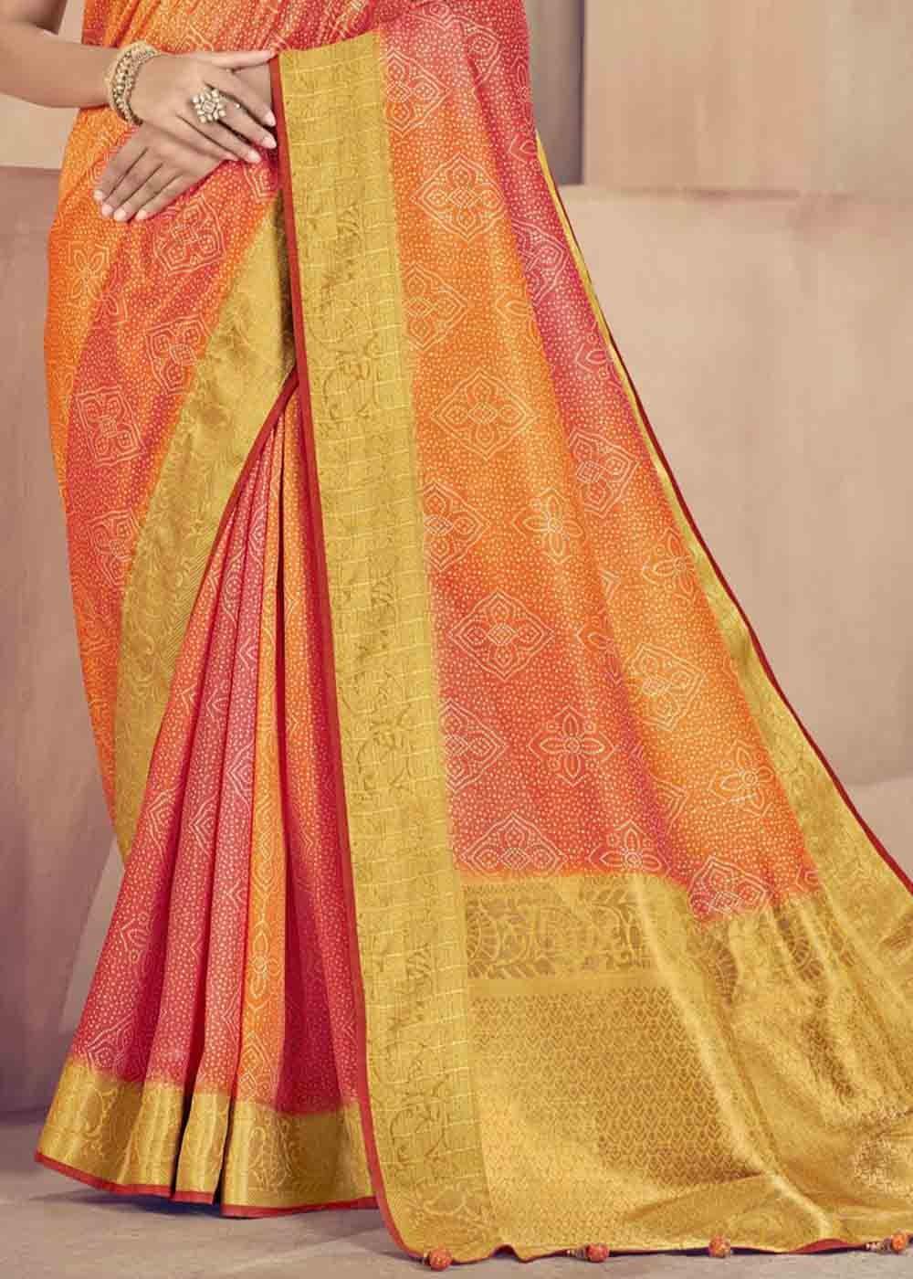 Orange & Pink Zari Woven Raw Silk Saree | Stitched Blouse - qivii