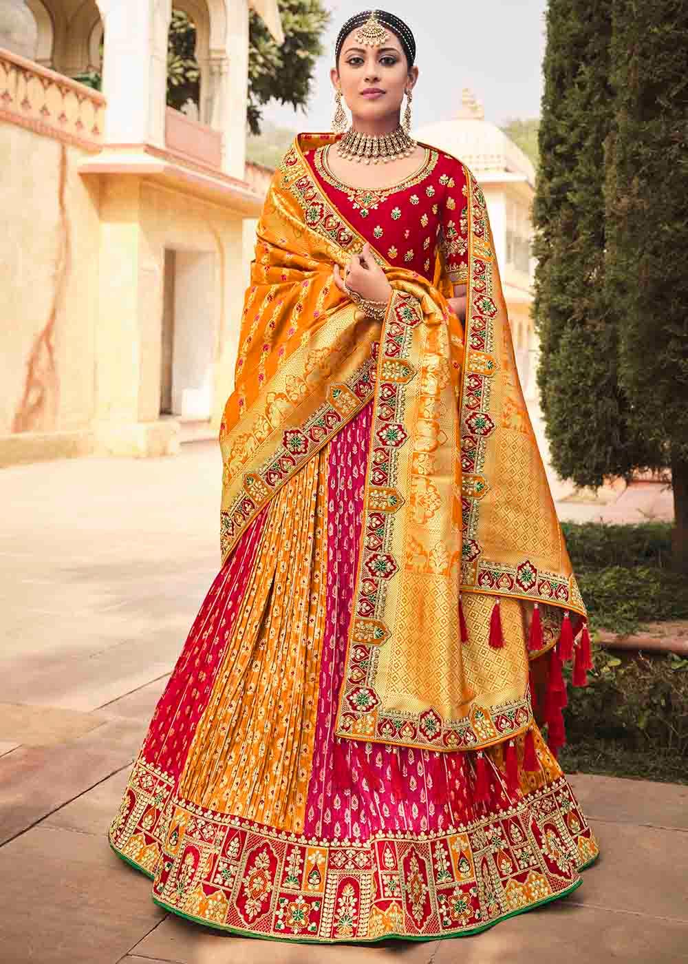 Orange & Red Banarasi Silk Lehenga Choli with Khatli work Embroidery - qivii